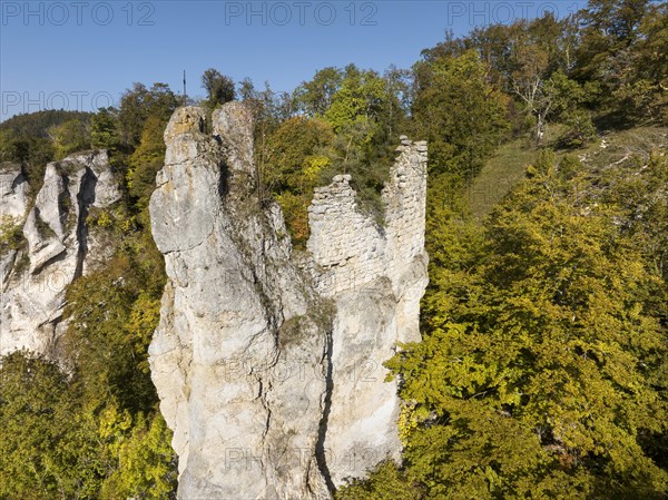 Aerial view of the remains of the walls of the medieval castle ruins of Neugutenstein