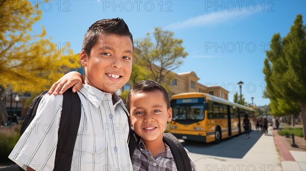 Two happy young hispanic brothers wearing backpacks near a school bus on campus