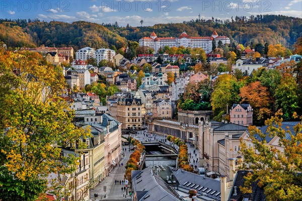 Panorama of the town in the Tepla Valley with the Mill Colonnade in autumn