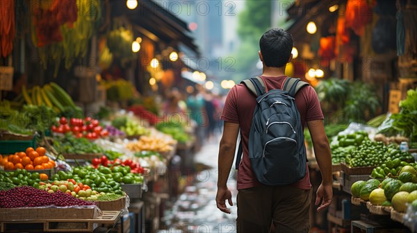 Young adult man with a backpack walking the bountiful farmers market. generative AI