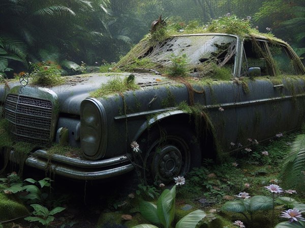 Abandoned rusty expensive atmospheric deluxe sedan car limo as circulation banned for co2 emission 2030 agenda