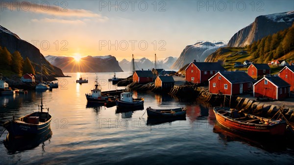 Norwegian fishing village at sunset