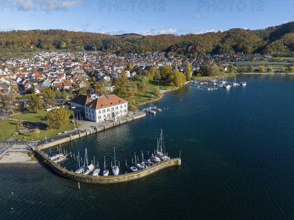 Aerial view of Lake Constance with the municipality of Bodman-Ludwigshafen with the marina and old customs house