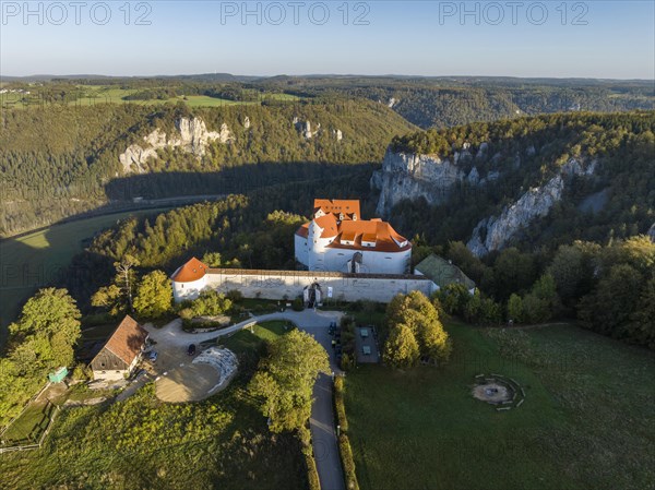 Aerial view of Wildenstein Castle near Leibertingen in the morning sun