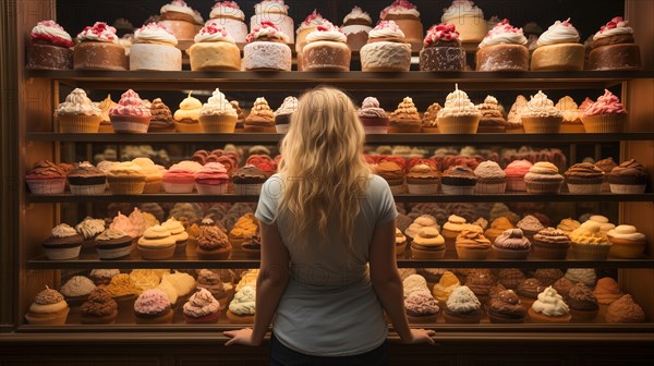 Young adult woman standing amid towering shelves of delicious pastries cakes and baked goods. generative AI