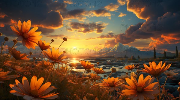 Beautiful flower bloom along A river with A mountain range in the distnace at sunset. generative AI