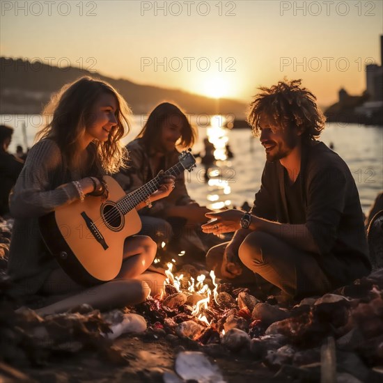 Young people relaxed on the beach with a campfire