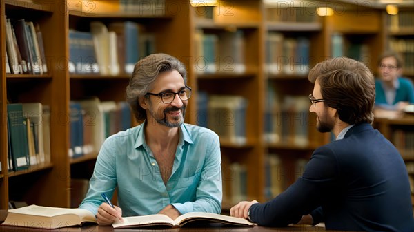 Student and professor talking in the library