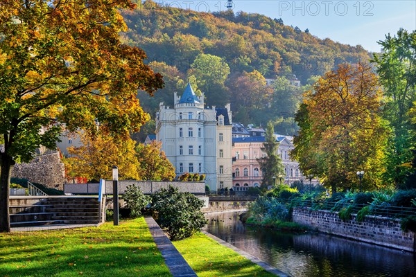 Historic Hotel Pavlov on the banks of the Tepla in autumn