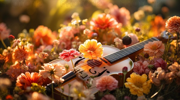 Violin resting amid beautiful flowers in the meadow. generative AI