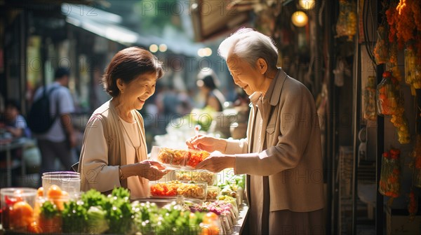 Happy senior adult chinese couple enjoying the farmers market with bountiful produce. generative AI