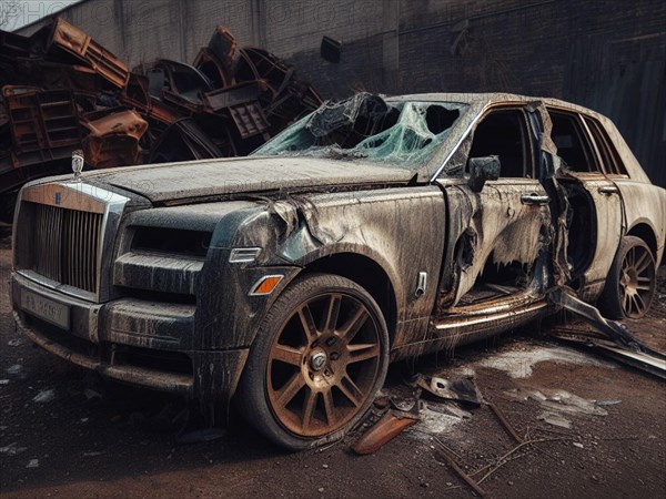 Crashed abandoned rusty expensive atmospheric suv as circulation banned for co2 emission 2030 agenda dystopian concept ai generated