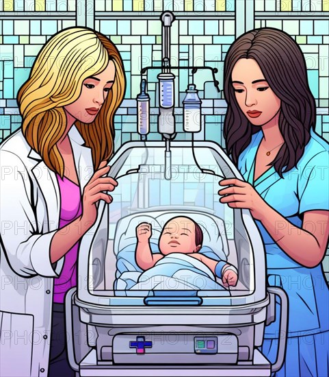 Illustration depicting medical staff people at the hospital take care of newborn baby at neonatology paedriatics ai generated