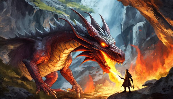 A fire-breathing dragon threatens a knight