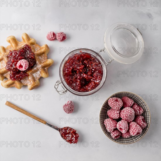 Frozen raspberries jam top view