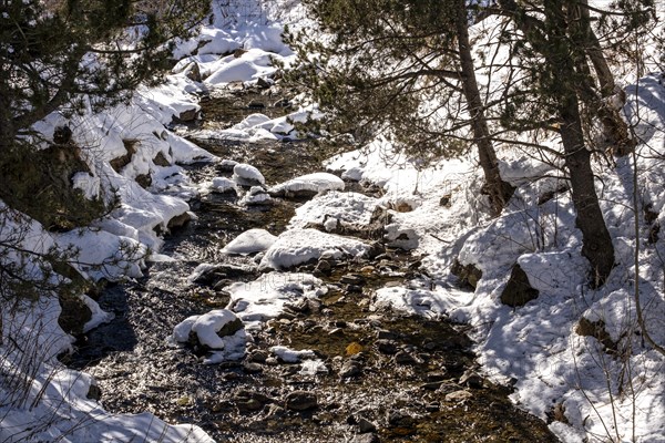 Winter landscape with snow in the snowy mountains of the Pyrenees of Andorra