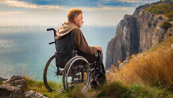 An old man sits in a wheelchair on a precipice