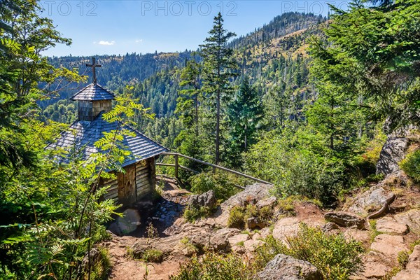 Rachel Chapel above the Rachelsee lake in the Bavarian Forest National Park