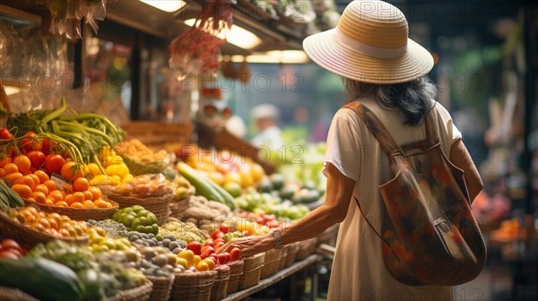 Senior adult woman enjoying the farmers market with bountiful produce. generative AI