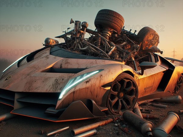 Crashed abandoned rusty expensive atmospheric car as circulation banned for co2 emission 2030 agenda dystopian concept ai generated