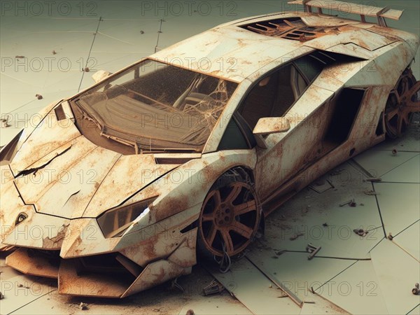 Crashed abandoned rusty expensive atmospheric car as circulation banned for co2 emission 2030 agenda dystopian concept ai generated