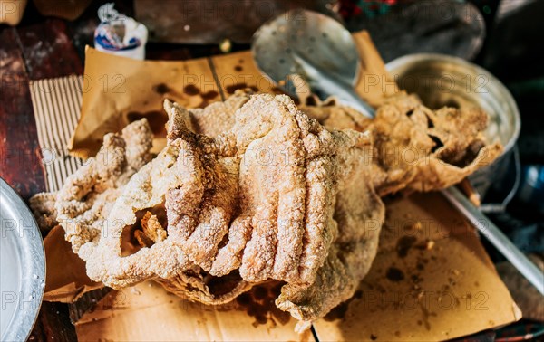 Top view of homemade chicharron on the table. Homemade Nicaraguan pork rinds