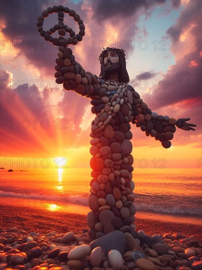 Sculpture of Jesus Christ made of pebbles at the beacj at sunset