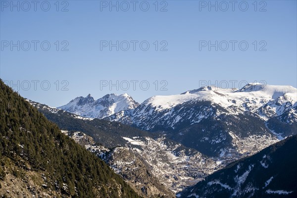 Panoramic of the snow-capped Pyrenees mountains in Andorra during winter