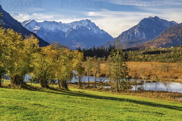 Autumn landscape with moorland Seven Springs and Zugspitze Group 2962m in the Wetterstein Mountains