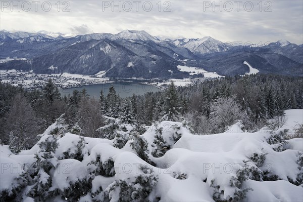 View from Neureuth to Tegernsee and Hirschberg in winter