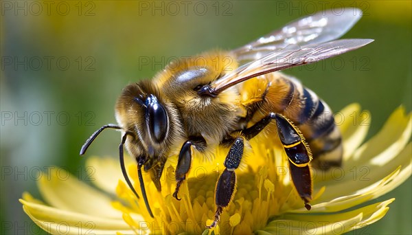A honey bee sucks nectar from a flower