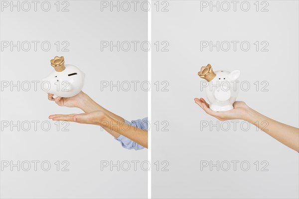 Crop hands with piggy bank