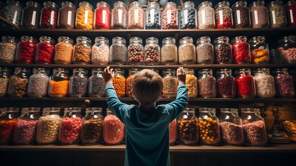 Back view of a small child walking amidst a bountiful display of glass candy jars at a market filled with endless varieties of colorful confections and an abundant selection of sweet treats. generative AI