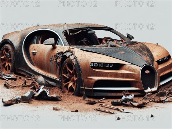 Crashed abandoned rusty expensive atmospheric car as circulation banned for co2 emission 2030 agenda dystopian concept ai generated