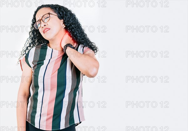 Afro girl suffering with neck pain isolated. Young woman with neck tension isolated. Neck pain and stress concept