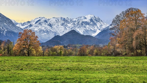 Autumn landscape near the hamlet of Weichs with Zugspitzgruppe 2962m in the Wetterstein Mountains