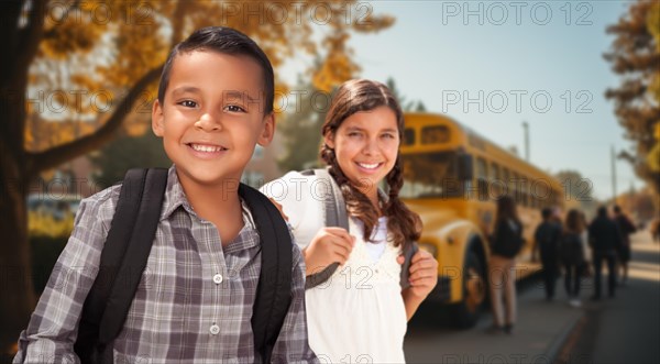 Happy young hispanic boy and girl wearing backpacks near a school bus on campus