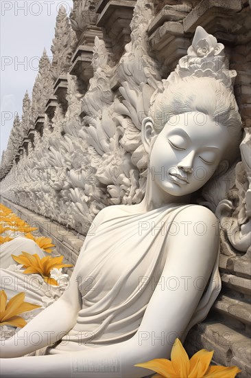 Cambodian white female deity surrounded by a row of stupas