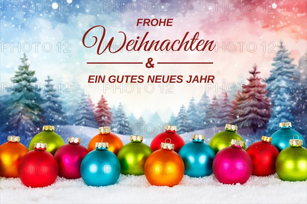 Christmas card Merry Christmas with colourful Christmas baubles and forest in the background Card decoration winter in Stuttgart