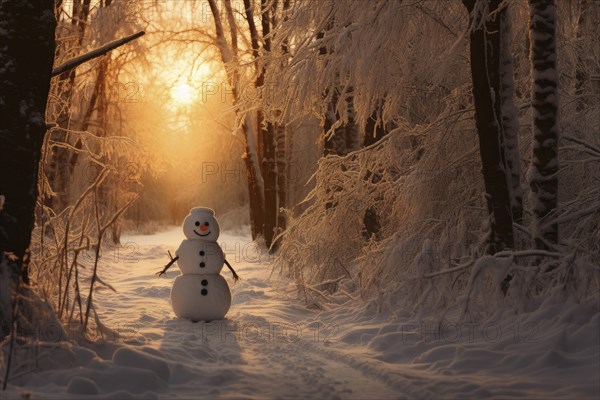 A cheerful looking snowman stands in a forest