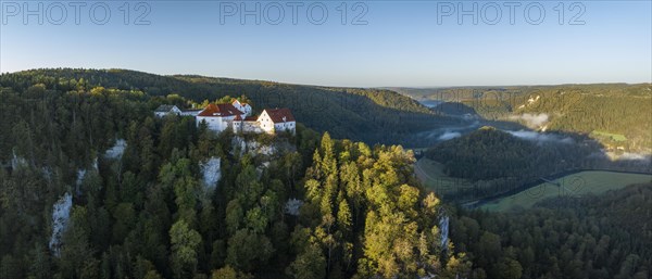 Aerial panorama of Wildenstein Castle near Leibertingen in the morning sun