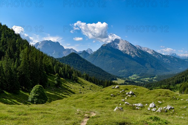 View from the Mordaualm to Ramsau and the Berchtesgaden Alps with Watzmann on the left and Hochkalter