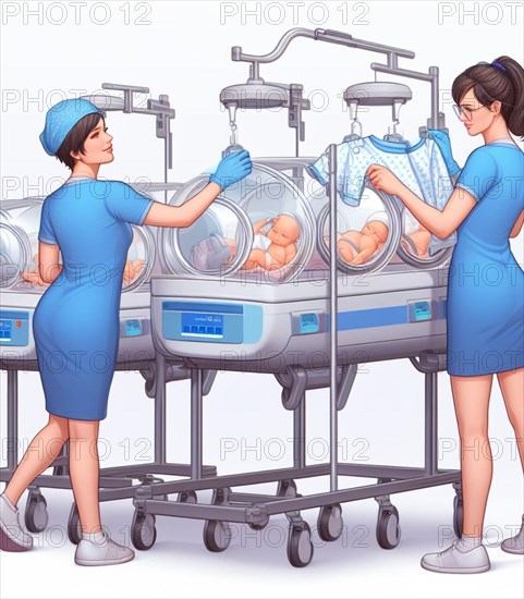 Illustration depicting medical staff people at the hospital take care of newborn baby ai generated