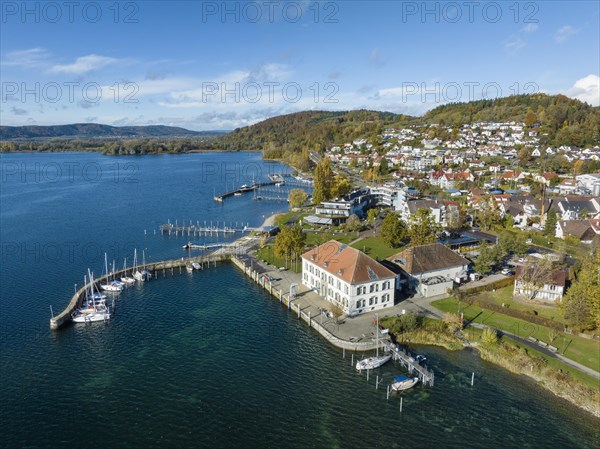 Aerial view of Lake Constance with the municipality of Bodman-Ludwigshafen with the marina and old customs house