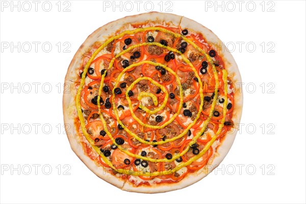 Top view of pizza with minced beef meat