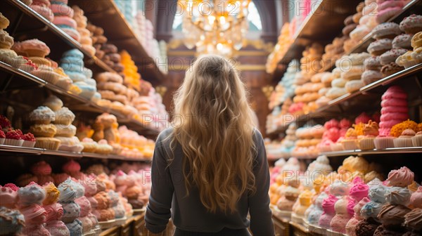 Young adult woman standing amid towering shelves of delicious pastries. generative AI