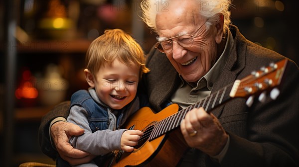 Elderly person playing a ukulele