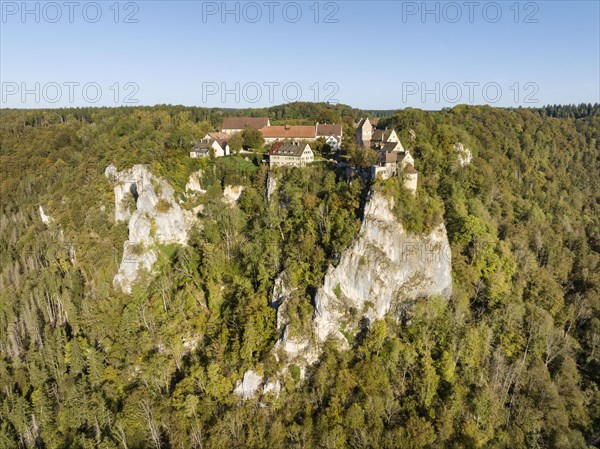 Aerial view of Werenwag Castle on a rocky spur in the upper Danube valley