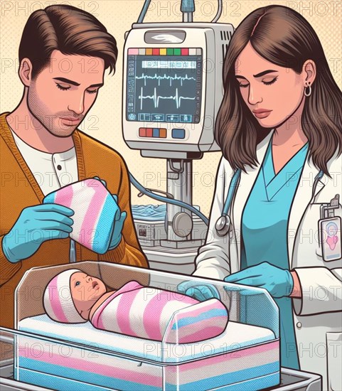Illustration depicting medical staff people at the hospital take care of newborn baby ai generated