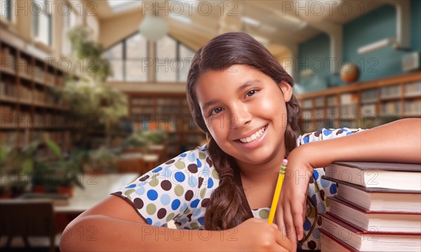 Happy young hispanic girl with a pencil and a stack of books doing homework in a library